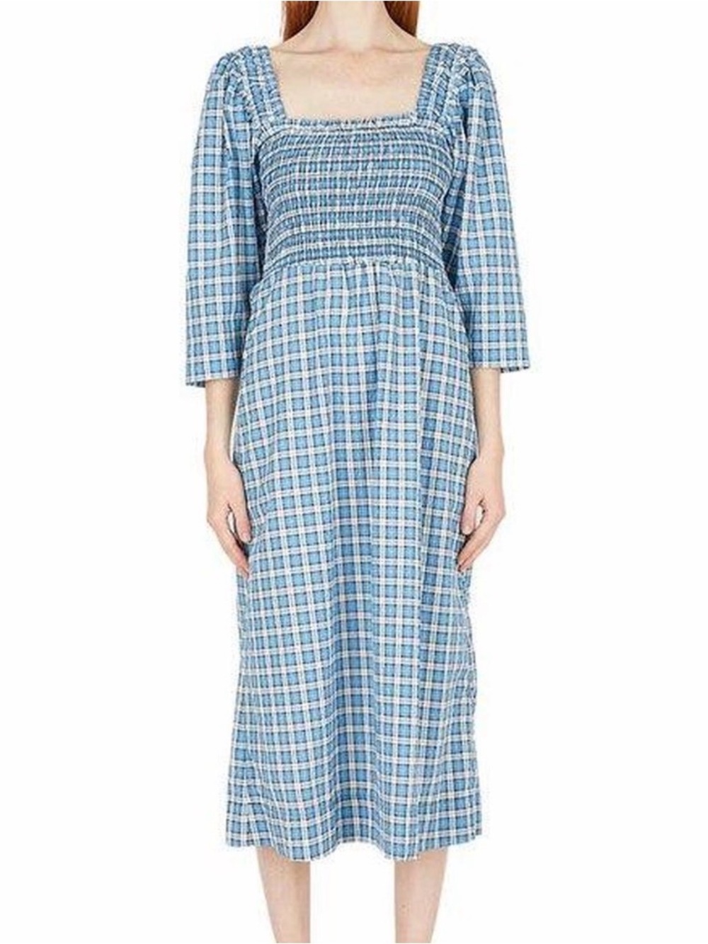 Ganni Blue Plaid Smocked Midi Dress